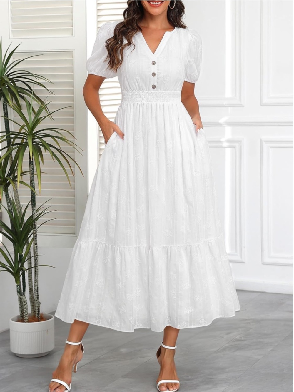 White Eyelet Midi Dress with Smocked Waist